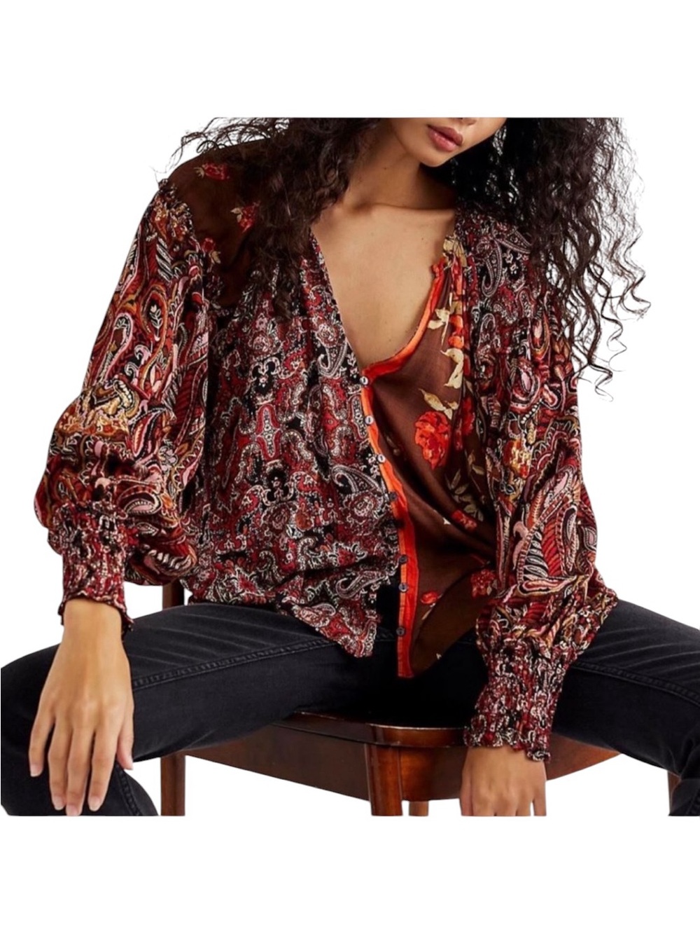 Free People Boho Gemini Patchwork Top Blouse in Brown / Small
